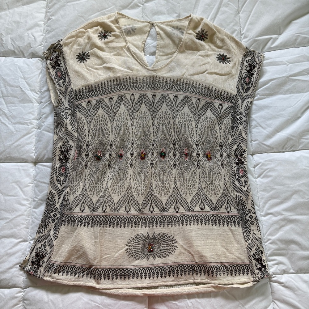 Free People Beaded Semi-Sheer Top Size Medium